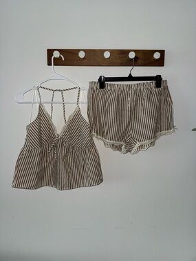 Kirious Los Angeles Brown & Cream Striped Lace-Trim Cami
